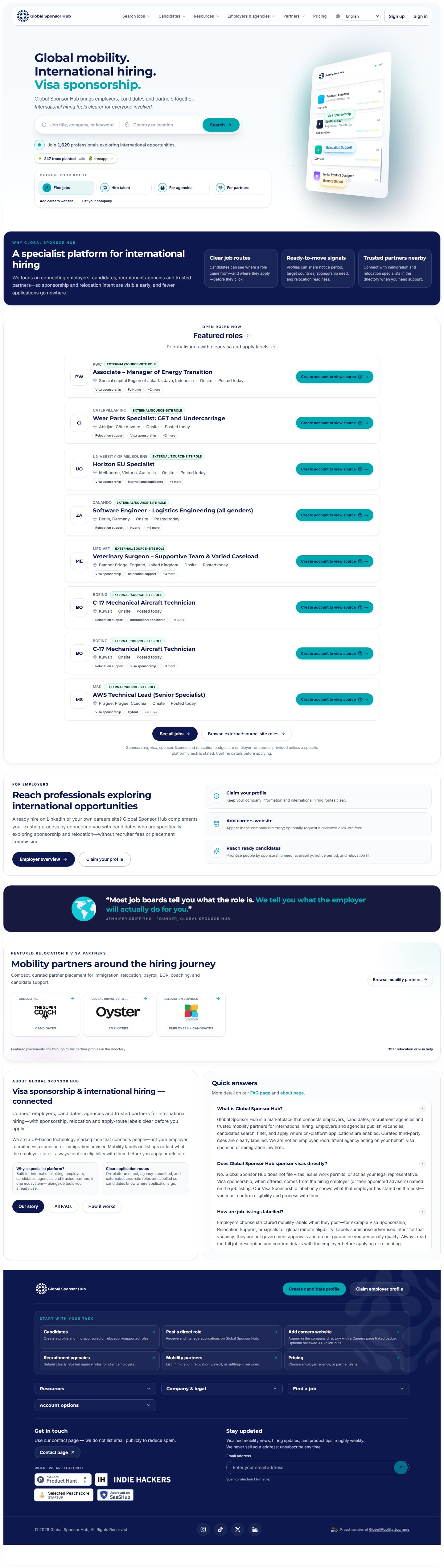 Global Sponsor Hub homepage — international hiring platform with job search and audience routes