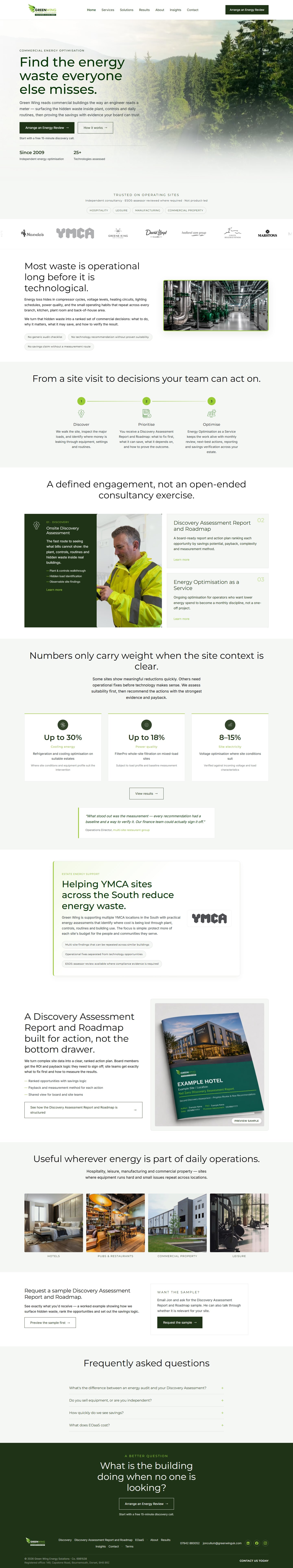 Green Wing Energy Solutions homepage — forest hero, commercial energy optimisation headline