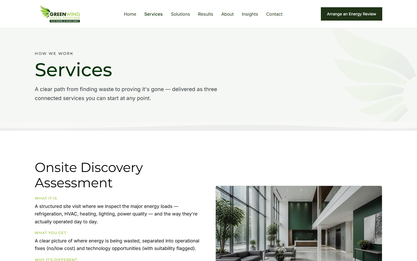 Green Wing Services page — discovery, roadmap, and optimisation offerings