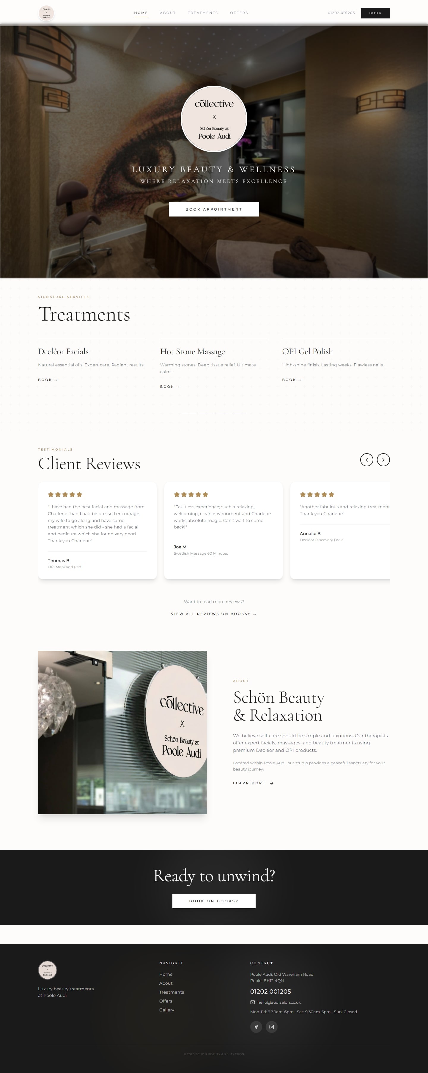 Schön Beauty homepage — luxury treatment room hero with circular brand mark and Book appointment CTA
