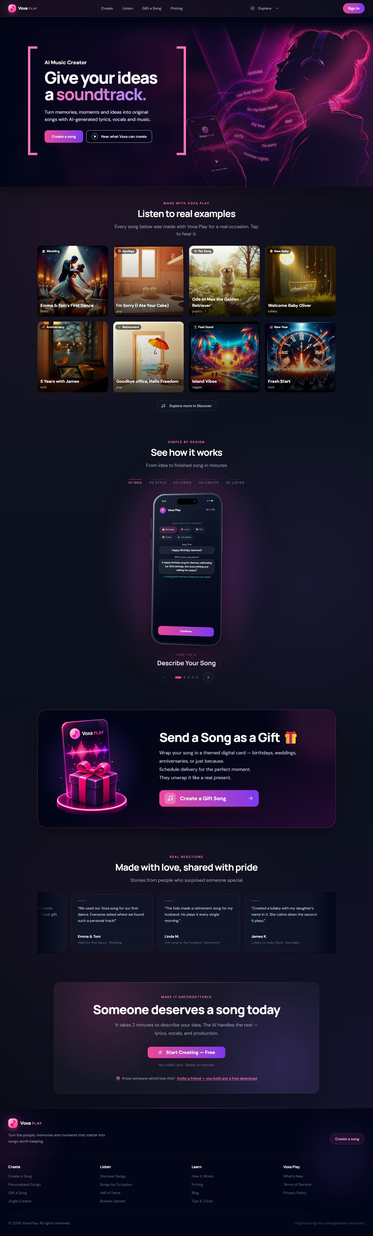 Voxa Play homepage — AI music creator hero with soundtrack headline and create CTA
